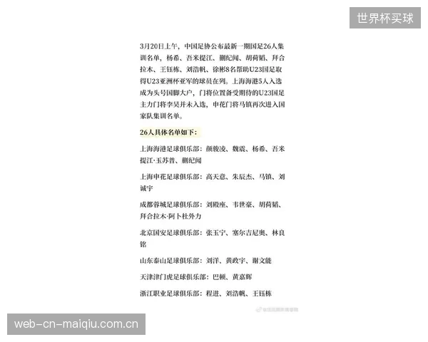 国足公布最新集训名单，邵佳一着手为2027年亚洲杯考察新人。